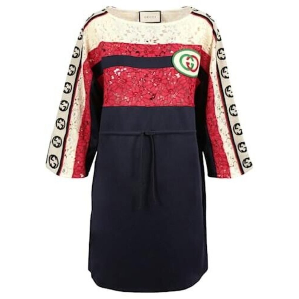 BNWT GUCCI Runway with Lace trimmed Stretchy, GG logo Dress Size Small.